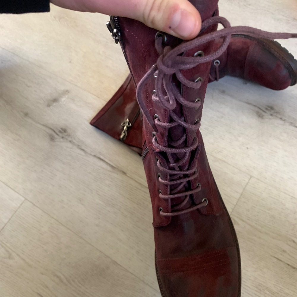 Lace-Up Mid-Calf Leather Boots - Red - Picture 8 of 10